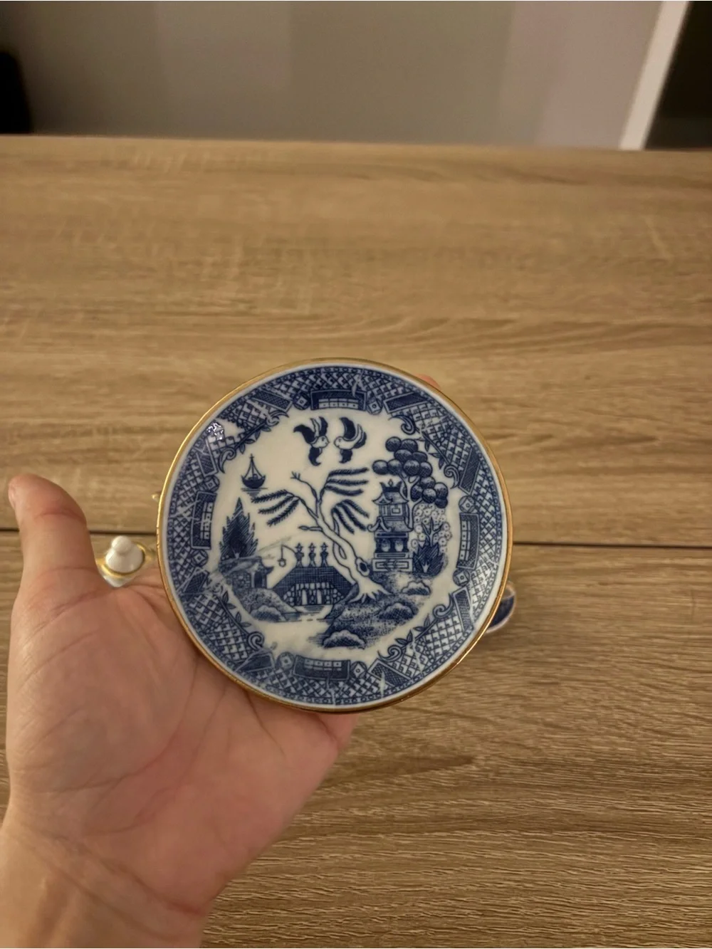 Porcelain Blue and White Miniature Tea Set with Gold Trim